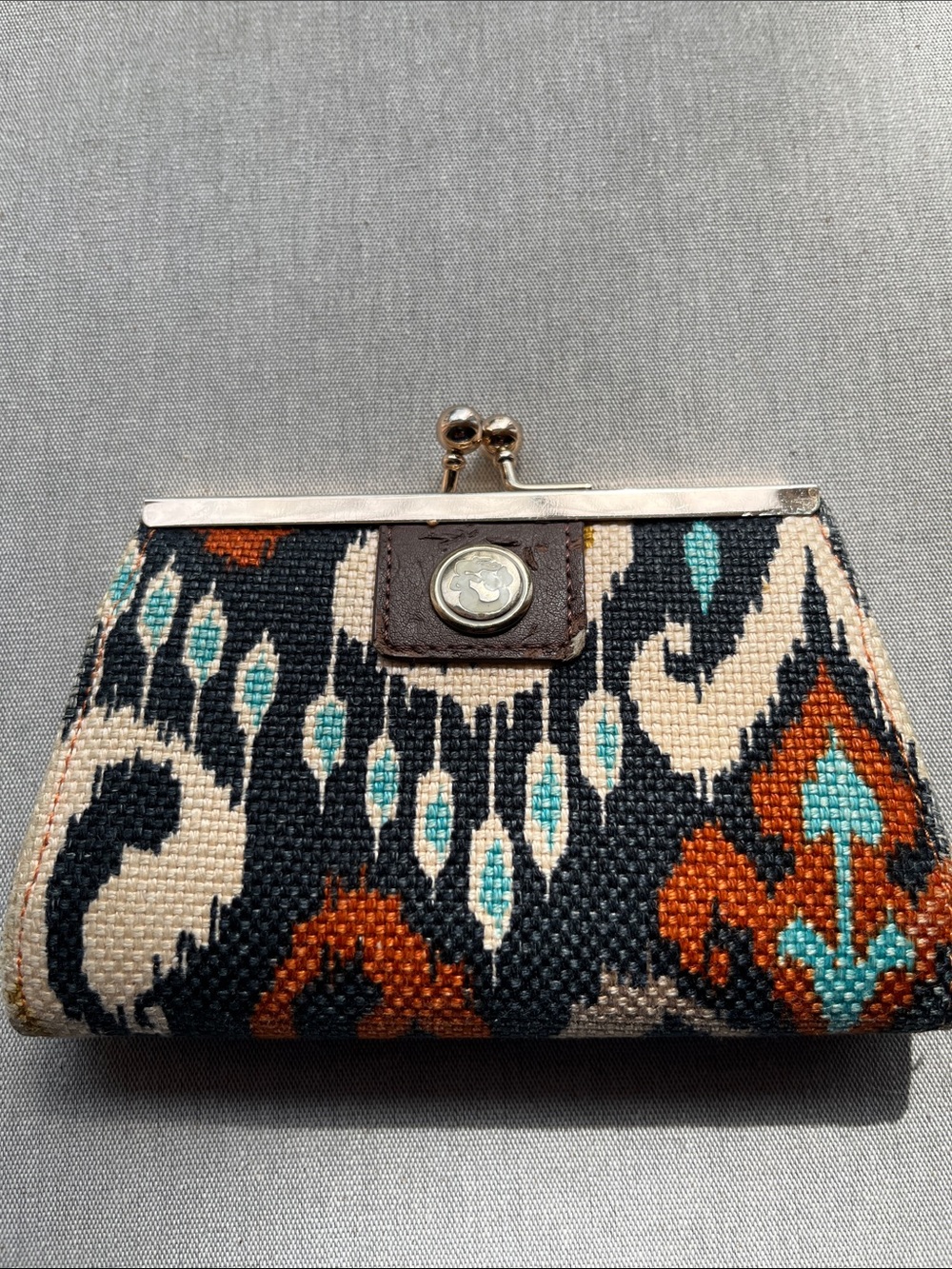 Patterned Canvas Coin Purse in Navy Blue, Teal & Rust